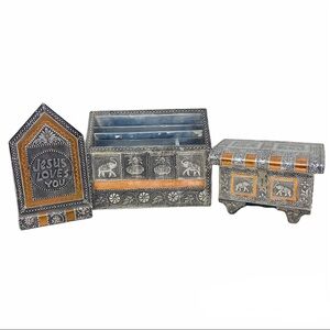 3 Pc. Elephant Copper & Silver Alloy Jewelry Box, 3 Key Holder, Letter Organizer